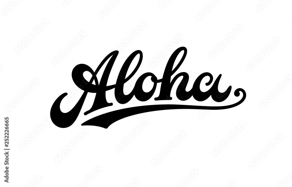 Vintage Aloha text, emblem and logo isolated on white. Hand drawn Aloha Hawaiian word for hawaii shirt print or sign. Lettering for tropical or summer party invitation, flyer and poster design. - obrazy, fototapety, plakaty 