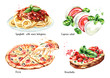 Italian food set. Pizza, spaghetti with sause bolognese, Caprese salad, Bruschetta. Watercolor hand drawn illustration isolated on white background