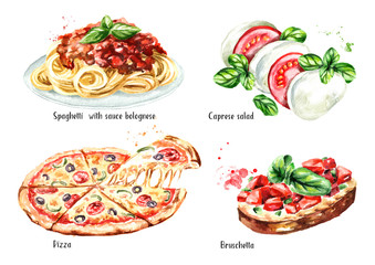 Wall Mural - Italian food set. Pizza, spaghetti with sause bolognese, Caprese salad, Bruschetta. Watercolor hand drawn illustration isolated on white background