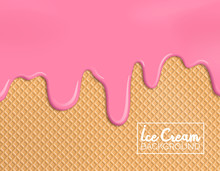 Melting Strawberry Ice Cream On Wafer Background