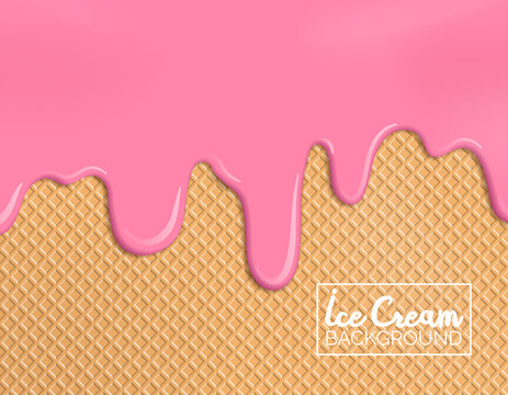 melting strawberry ice cream on wafer background
