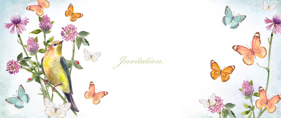 horizontal banner with a pretty bird in meadow flowers. watercolor painting