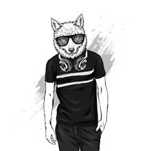 The Guy With The Head Of A Wolf Or A Dog. Animal Hipster In A T-shirt And Headphones. Vector Illustration For Greeting Card Or Poster, Print On Clothes. Fashion And Style, Clothing And Accessories.
