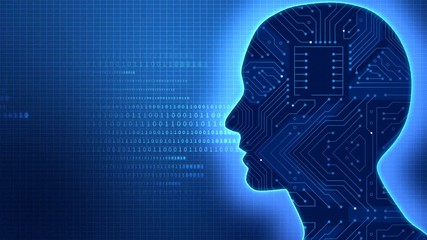 Artificial Intelligence (loop), human head with connection activity and circuit board, binary code in the background