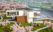 © korisbo - 3d rendering of modern cozy house by the river with garage. Fresh spring day with a blooming garden. For sale or rent with flowers of sakura on background.