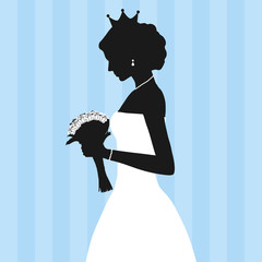 The black silhouette of a beautiful bride in white wedding dress with a bridal bouquet with roses and crown on her head. Vector Illustration on blue background.