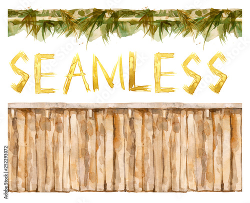 Beach Bar Watercolor Set Seamless Border Of Wood Texture Summer Tropical Party Stock Illustration Adobe Stock