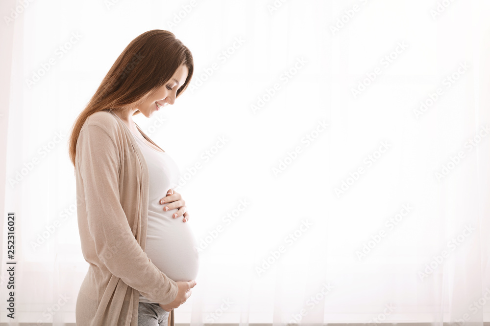 Beautiful pregnant woman hugging her tummy at home - obrazy, fototapety, plakaty 