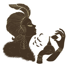 Vector Portrait In Profile Of Elegant Lady Model In Art Deco. Girl With A Feather In A Short Hairstyle And A Fur Cloak. She Holds Perfume Retro Bottle And Sprays On The Neck. Decorated Dark Silhouette