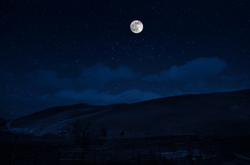 Wall Mural - mountain road through the forest on a full moon night. scenic night landscape of dark blue sky with 