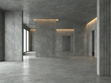 Loft Space Empty Room 3d Render,There Are Polished Concrete Floor And Wall Decorate With Hidden Warm Light In Ceiling