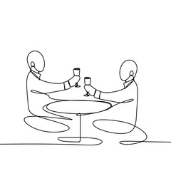 Wall Mural - One line drawing of Cheers clinking of two person with bourbon wine drink in party night after work vector illustration.