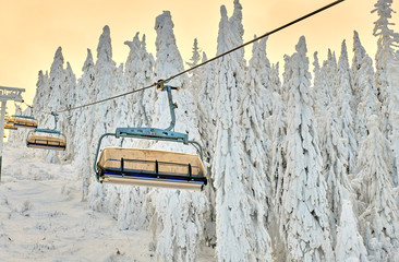 Chair lift in Poiana Brasov ski resort, Skiers and snowboarders enjoy the ski slopes in Poiana Brasov winter resort whit forest covered in snow on winter season