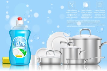 Wall Mural - Dishwashing liquid soap ad, vector realistic illustration