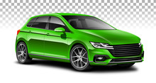 Green Hatchback Generic Car. City Car With Glossy Surface With Isolated Path