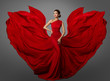 © inarik - Woman Red Dress, Fashion Model in Long Silk Waving Gown Wings, Flying Fluttering Fabric