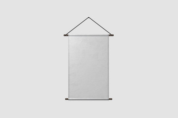 Photo of blank white canvas hanging on soft gray background.Vertical canvas.3D illustration