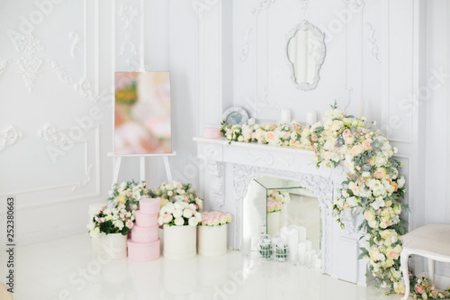 Elegant White Fireplace Full Of Flowers Elegant White Room