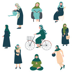 Sticker - Muslim Woman in Hijab Set, Modern Arab Girls Characters in Traditional Clothing in Different Situations Vector Illustration