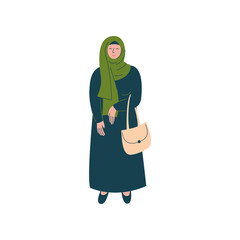 Sticker - Muslim Woman in Hijab Standing with Bag, Modern Arab Girl Character in Traditional Clothing Vector Illustration