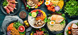 Leinwandbild Motiv Assortment of healthy food dishes. Top view. Free space for your text.