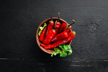 Marinated Chili Pepper In A Bowl. Top View. Free Space For Your Text.