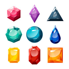 Set of nine different colored and shaped crystals, gemstones, gems, diamonds. Vector gui assets collection in cartoon style for game design isolated on white background.