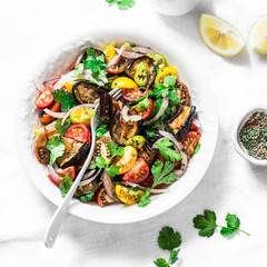 Roasted eggplant, sweet tomato and cilantro mediterranean style salad on light background, top view. Vegetarian food concept