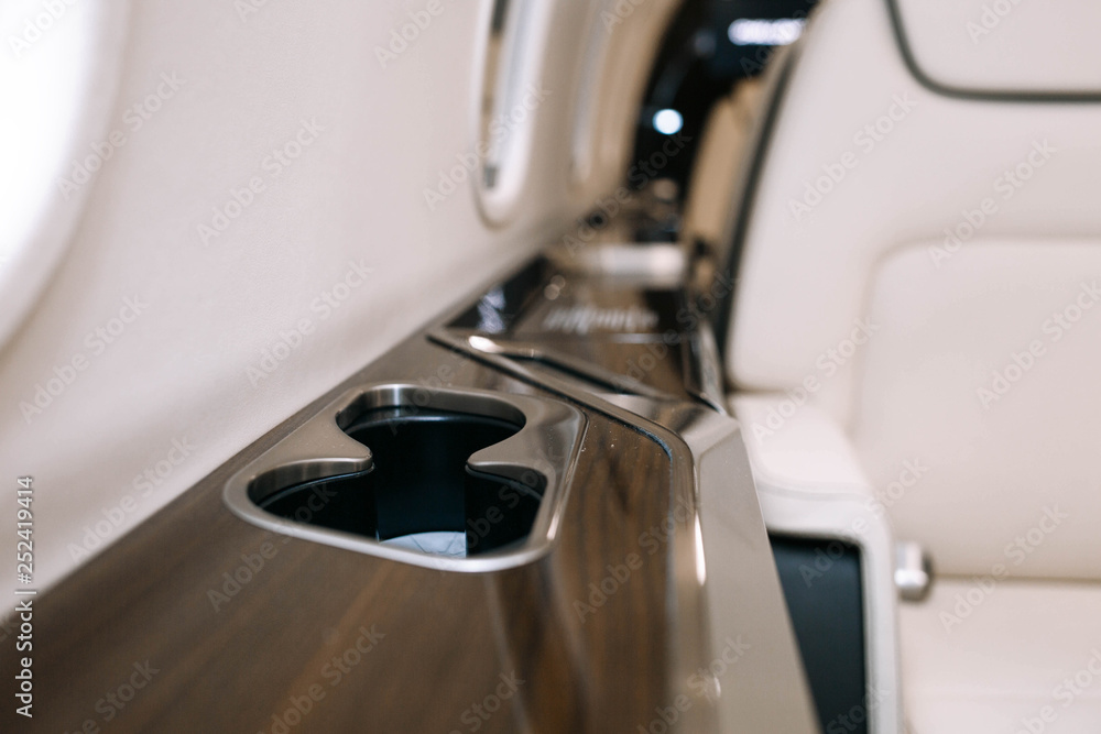 Business Jet Plane Interior With Leather Seats And Cup