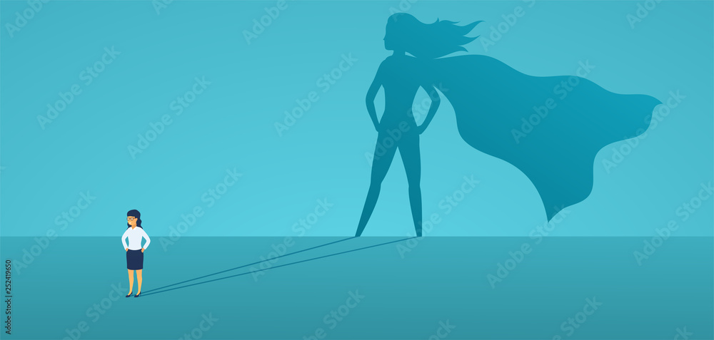 Business woman with big shadow superhero. Super manager leader in business. Concept of success, quality of leadership, trust, emancipation. Vector illustration flat style. - obrazy, fototapety, plakaty 