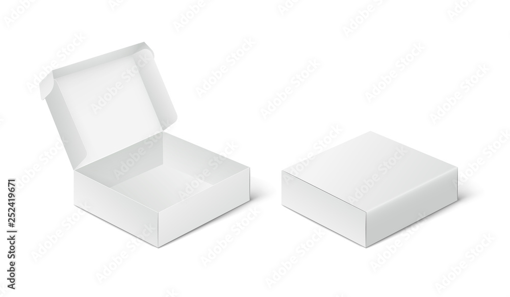 Two empty closed and open packing boxes, box mockup on white background. - obrazy, fototapety, plakaty 