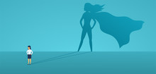 Business Woman With Big Shadow Superhero. Super Manager Leader In Business. Concept Of Success, Quality Of Leadership, Trust, Emancipation. Vector Illustration Flat Style.