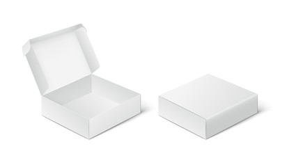 two empty closed and open packing boxes, box mockup on white background.