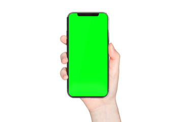 Wall Mural - woman hand holding modern smatphone mockup on white