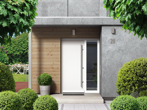 modern home facade with entrance, front door and view to the garden - 3d rendering