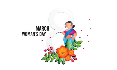 Wall Mural - International Women's Day 8 march with frame of flower and leaves. Paper art 3d from digital craft style. - Vector