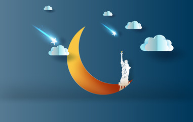 Wall Mural - 3d paper art and craft style of half moon with statue of liberty new york usa concept.cloud and shoo
