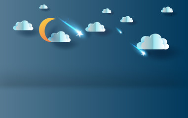 Wall Mural - 3d paper art and craft style of half moon with cloud and shooting star on sky night your text space 