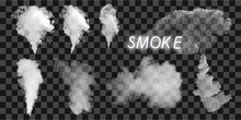 Smoke Vector Collection, Isolated, Transparent Background. Set Of Realistic White Smoke Steam, Waves From Coffee,tea,cigarettes, Hot Food. Fog And Mist Effect.