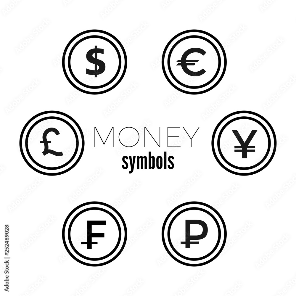 Dollar, Euro, Pound, Yuan Rouble and frank currency icons. USD, EUR, GBP,  CNY, CHF, RUB money sign symbols. Flat icon pointers. Stock Vector | Adobe  Stock