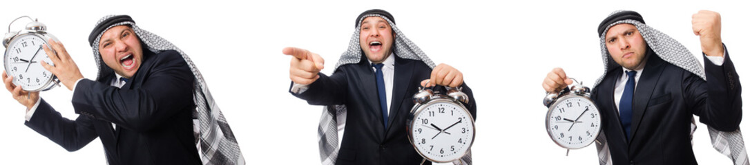 Wall Mural - Arab businessman with alarm-clock in time management concept 