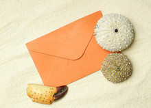 An Orange Blank Envelope On White Beach Sand Surrounded With Seashells, Travel Concept Template