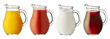 Set glass jug of juice and milk isolated on white background. 