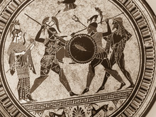 Detail From An Old Historical Greek Paint. Mythical Heroes And Gods Fighting On It