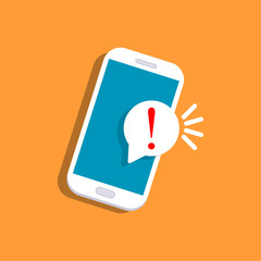 Alert notification with exclamation sign on phone screen. Important reminder isolated on background. Telephone technology. Vector flat design