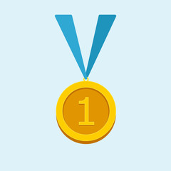 Medal for 1st, first place. Golden,  trophy, winner award isolated on blue background. Badge, glossy prize, reward. Achievement, sport victory concept. Vector flat icon