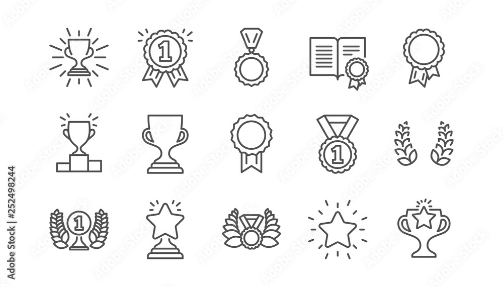 Award line icons. Winner medal, Victory cup and Trophy reward. Achievement linear icon set.  Vector - obrazy, fototapety, plakaty 