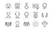 Award line icons. Winner medal, Victory cup and Trophy reward. Achievement linear icon set.  Vector