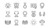 Fototapeta  - Award line icons. Winner medal, Victory cup and Trophy reward. Achievement linear icon set.  Vector