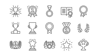 award line icons. winner medal, victory cup and trophy reward. achievement linear icon set. vector